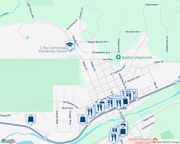 map of restaurants, bars, coffee shops, grocery stores, and more near 181 West Mohawk Avenue in Portola
