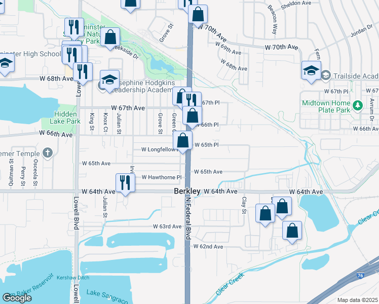 map of restaurants, bars, coffee shops, grocery stores, and more near Federal Boulevard in Denver