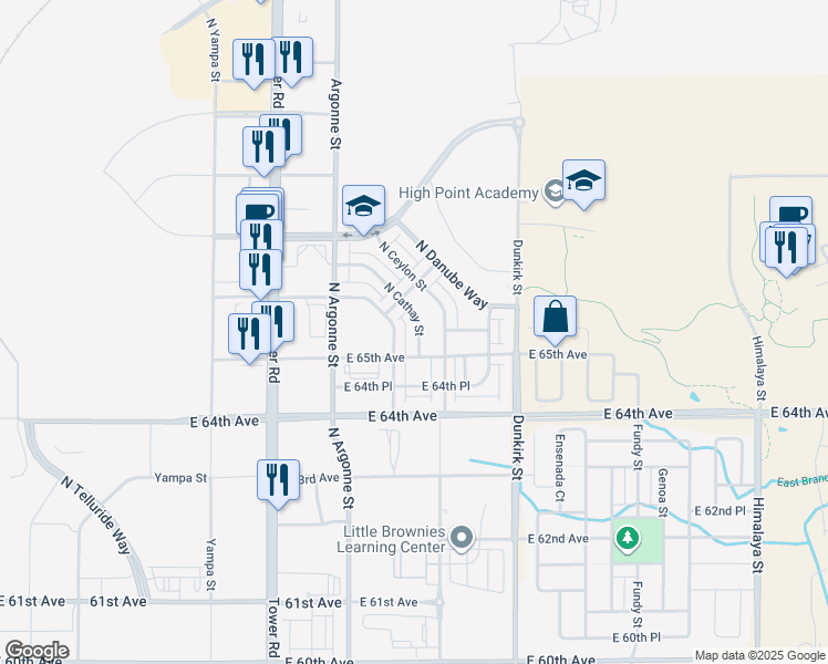 map of restaurants, bars, coffee shops, grocery stores, and more near 6556 Argonne Street in Denver