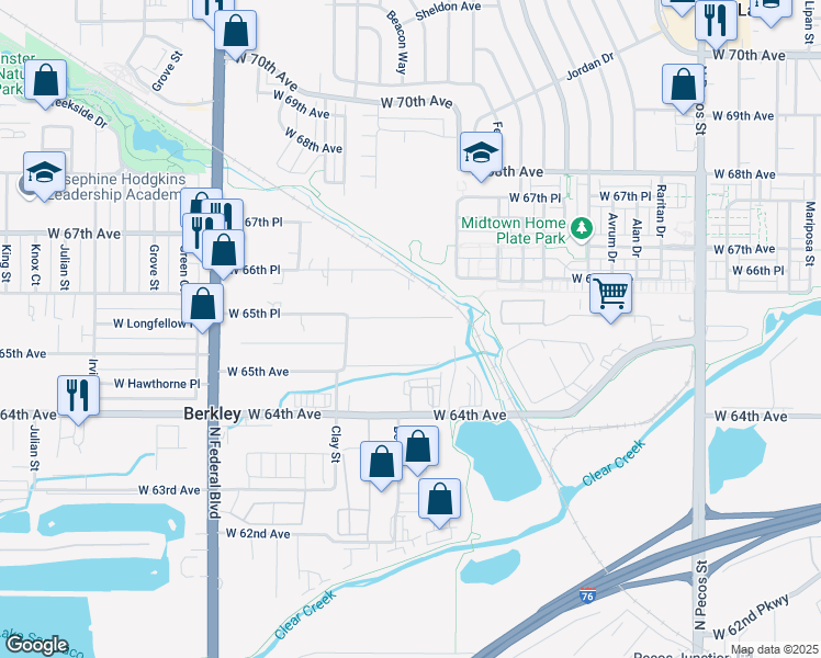 map of restaurants, bars, coffee shops, grocery stores, and more near 2531 West 65th Place in Denver