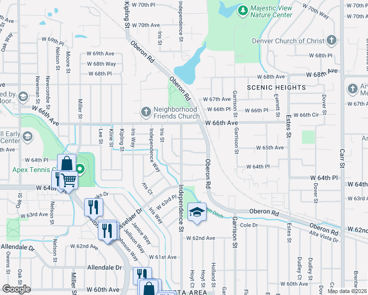 map of restaurants, bars, coffee shops, grocery stores, and more near 6525 Independence Street in Arvada