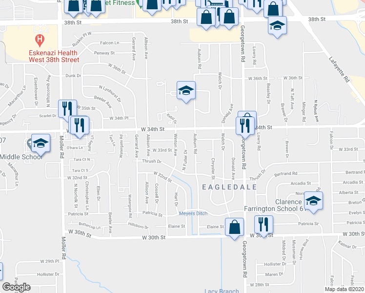 map of restaurants, bars, coffee shops, grocery stores, and more near 5032 West Deborah Street in Indianapolis