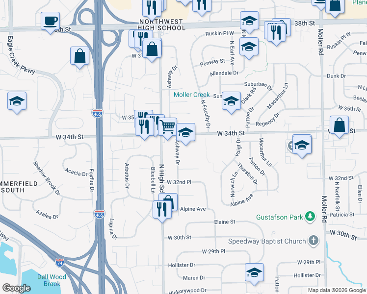 map of restaurants, bars, coffee shops, grocery stores, and more near 3307 Ashway Drive in Indianapolis