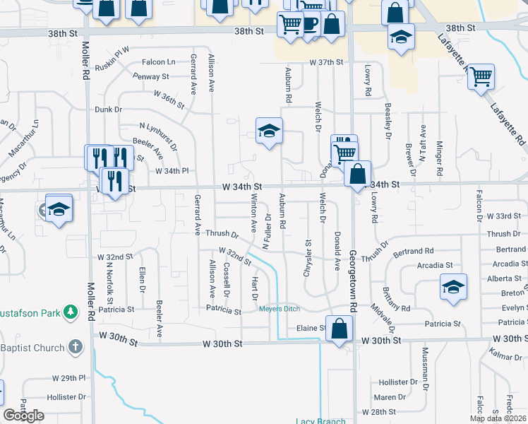 map of restaurants, bars, coffee shops, grocery stores, and more near 5032 West Deborah Street in Indianapolis