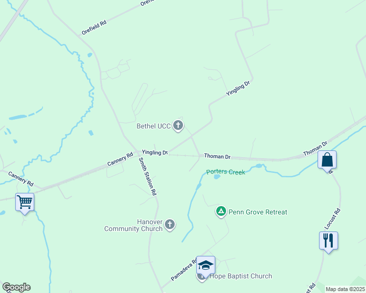 map of restaurants, bars, coffee shops, grocery stores, and more near 2115 Yingling Drive in Spring Grove