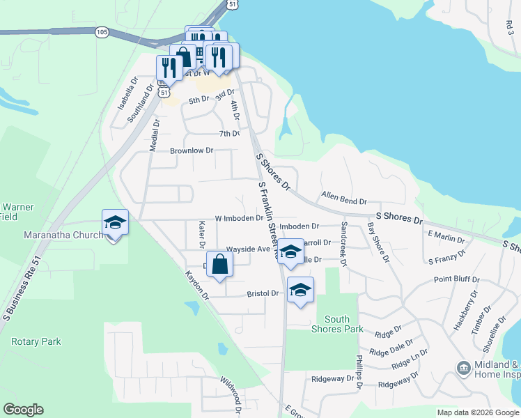 map of restaurants, bars, coffee shops, grocery stores, and more near 105 West Imboden Drive in Decatur