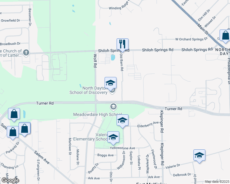 map of restaurants, bars, coffee shops, grocery stores, and more near 3901 Turner Road in Dayton