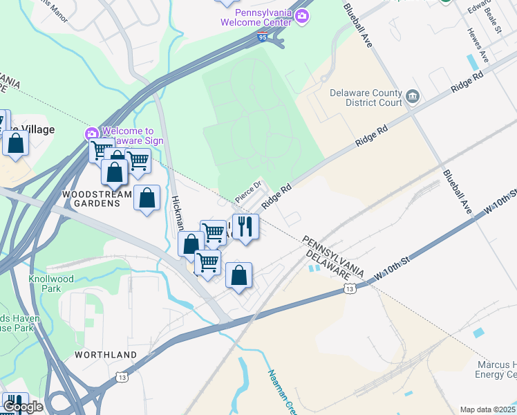 map of restaurants, bars, coffee shops, grocery stores, and more near 1124 West Ridge Road in Marcus Hook