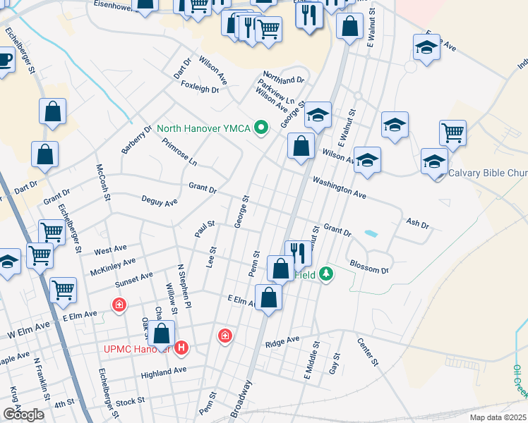 map of restaurants, bars, coffee shops, grocery stores, and more near 344 Penn Street in Hanover