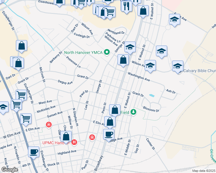 map of restaurants, bars, coffee shops, grocery stores, and more near 344 Penn Street in Hanover