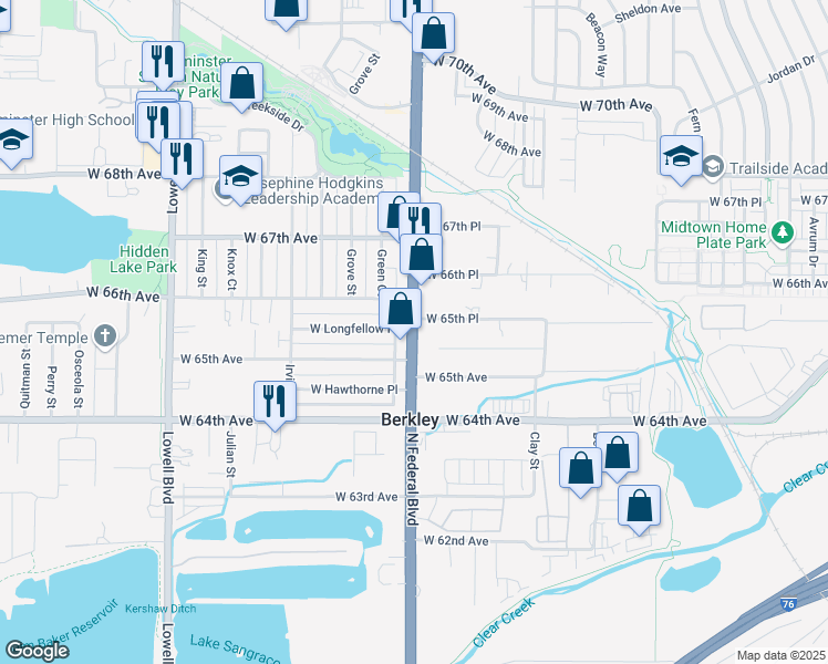 map of restaurants, bars, coffee shops, grocery stores, and more near Federal Boulevard in Denver