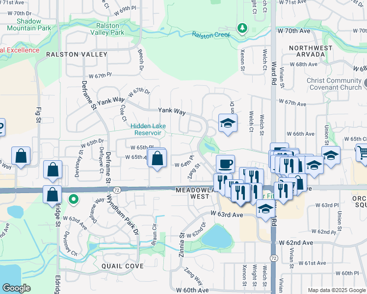 map of restaurants, bars, coffee shops, grocery stores, and more near 6550 Zang Street in Arvada