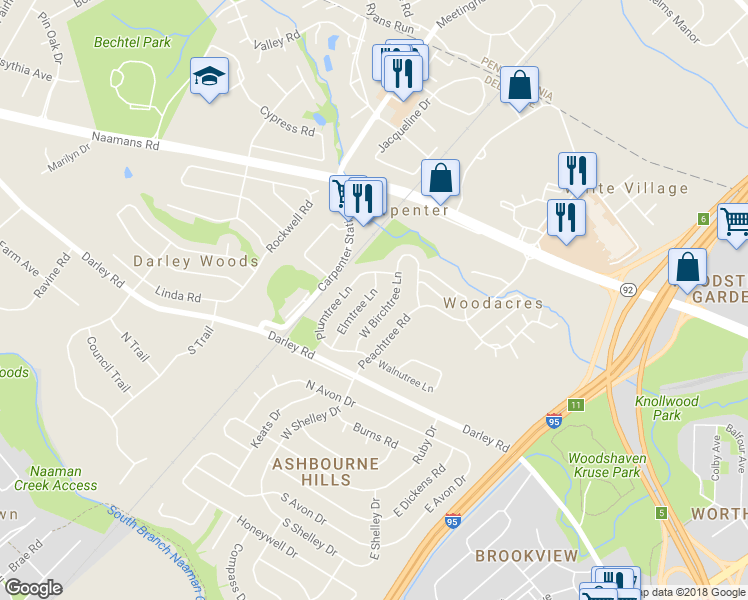 map of restaurants, bars, coffee shops, grocery stores, and more near 728 Elmtree Lane in Claymont