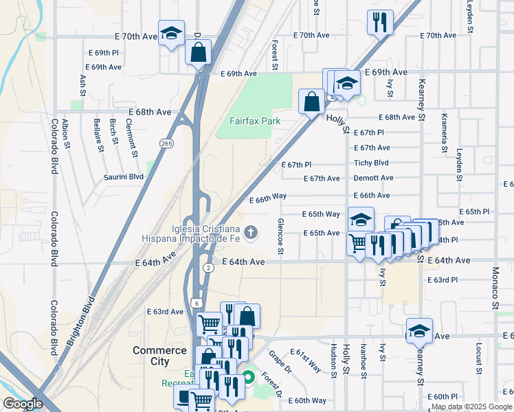 map of restaurants, bars, coffee shops, grocery stores, and more near 6560 Colorado 2 in Commerce City