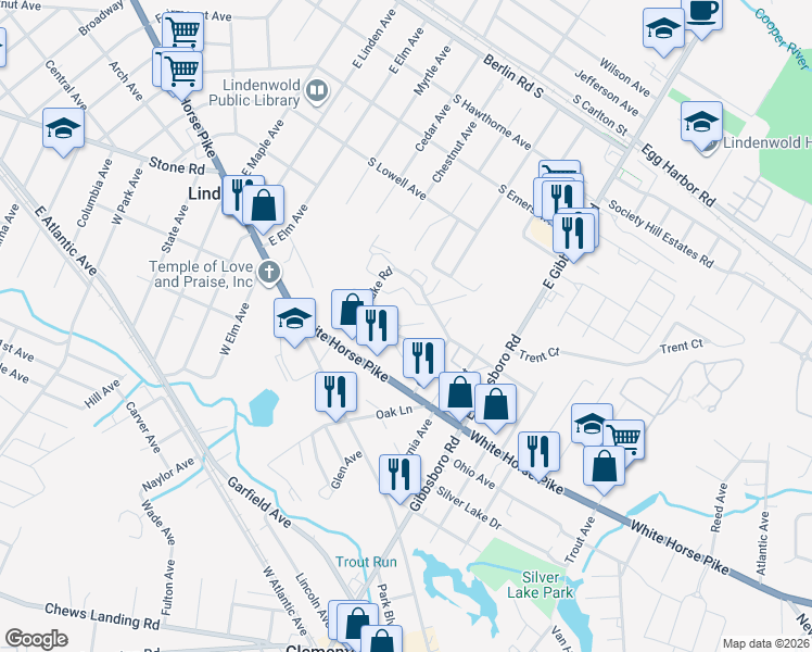 map of restaurants, bars, coffee shops, grocery stores, and more near 98 Oak Lane in Lindenwold
