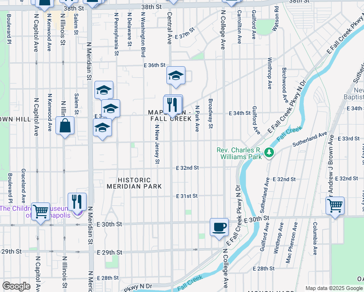 map of restaurants, bars, coffee shops, grocery stores, and more near 530 East 33rd Street in Indianapolis