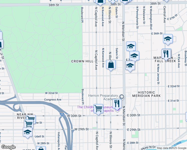 map of restaurants, bars, coffee shops, grocery stores, and more near 3319 North Capitol Avenue in Indianapolis
