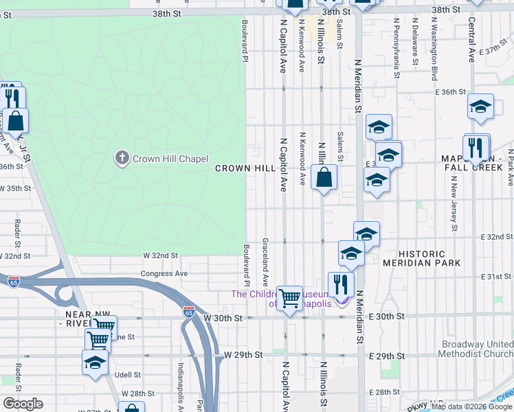 map of restaurants, bars, coffee shops, grocery stores, and more near 3324 Graceland Avenue in Indianapolis