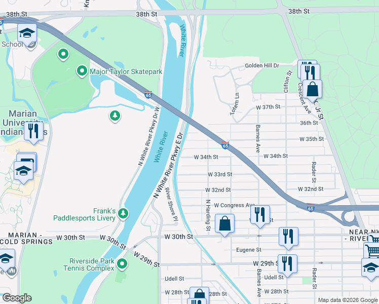 map of restaurants, bars, coffee shops, grocery stores, and more near 1441 West 35th Street in Indianapolis