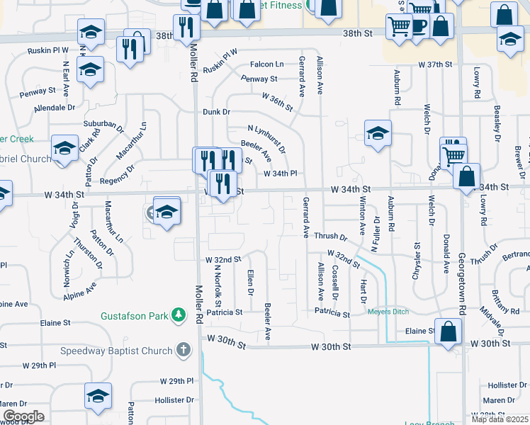 map of restaurants, bars, coffee shops, grocery stores, and more near 3379 Tara Lane in Indianapolis