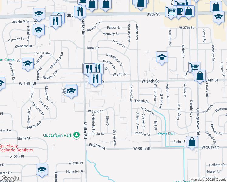 map of restaurants, bars, coffee shops, grocery stores, and more near 3379 Tara Lane in Indianapolis