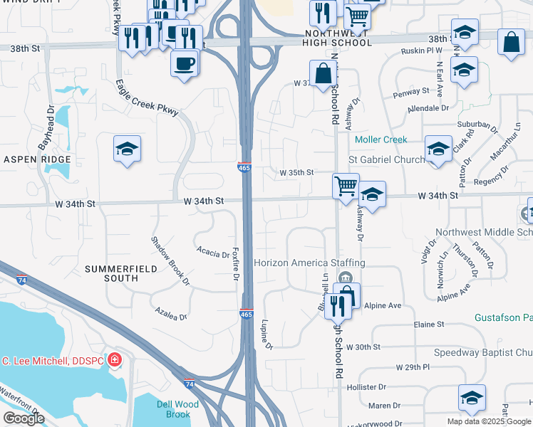 map of restaurants, bars, coffee shops, grocery stores, and more near 6476 Lupine Terrace in Indianapolis