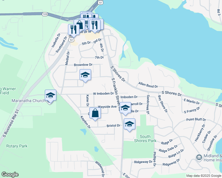 map of restaurants, bars, coffee shops, grocery stores, and more near 105 West Imboden Drive in Decatur
