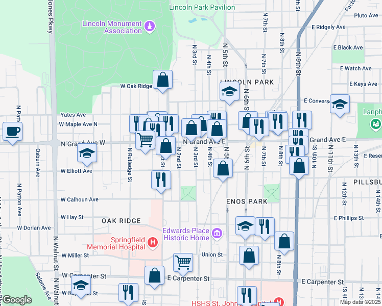 map of restaurants, bars, coffee shops, grocery stores, and more near in Springfield