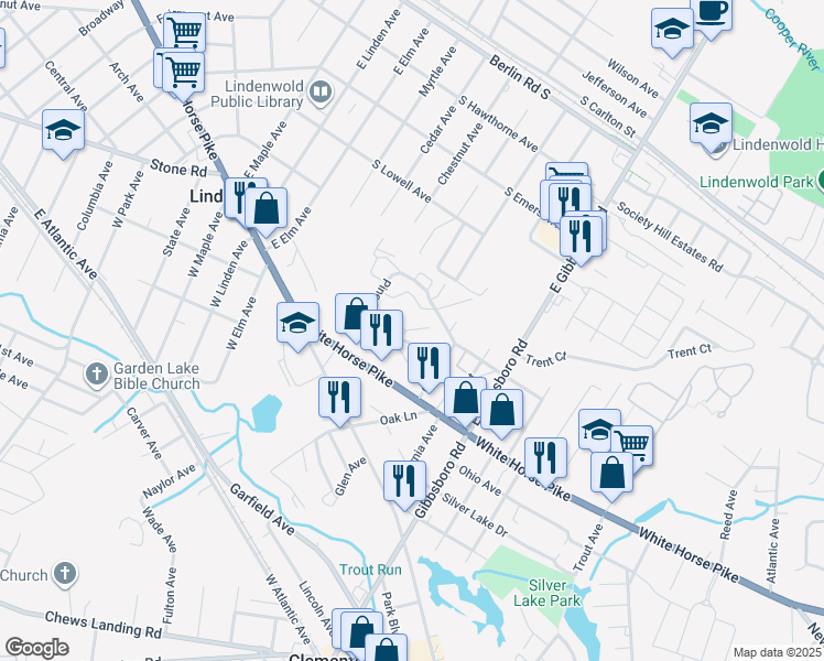 map of restaurants, bars, coffee shops, grocery stores, and more near Pine Lake Road in Lindenwold
