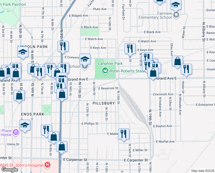map of restaurants, bars, coffee shops, grocery stores, and more near 1326 North Grand Avenue East in Springfield