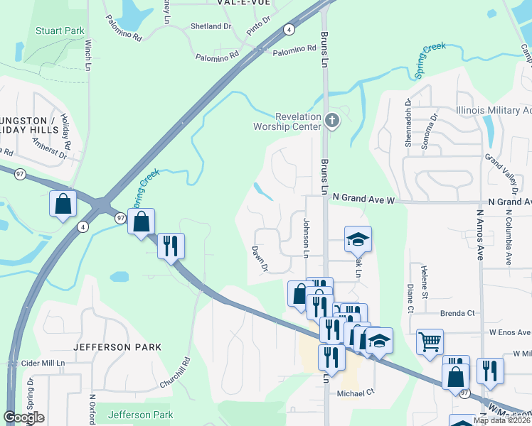 map of restaurants, bars, coffee shops, grocery stores, and more near 111 Windsor Road in Springfield