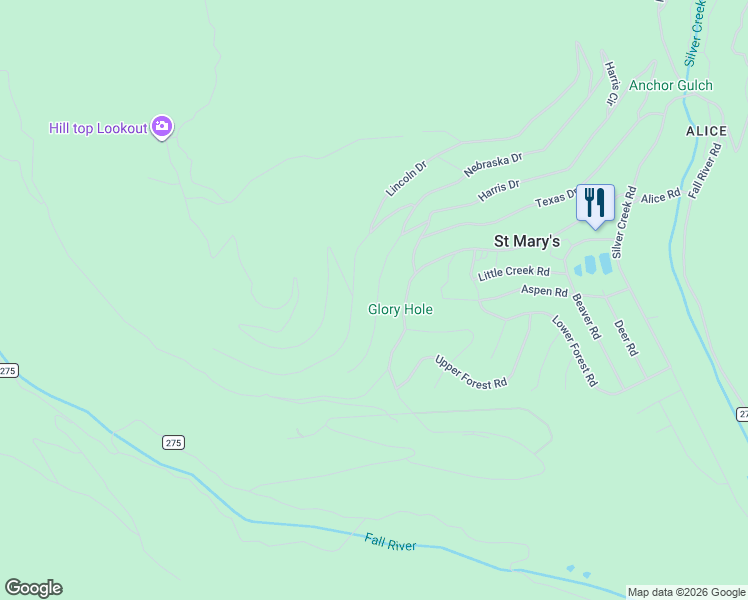map of restaurants, bars, coffee shops, grocery stores, and more near 755 Alice Road in Idaho Springs
