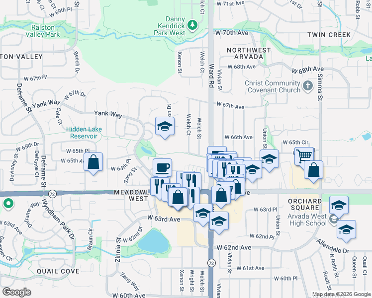 map of restaurants, bars, coffee shops, grocery stores, and more near 6532 Welch Court in Arvada