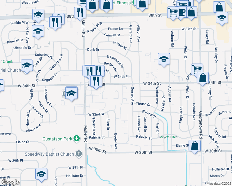 map of restaurants, bars, coffee shops, grocery stores, and more near 3336 Tara Lane in Indianapolis