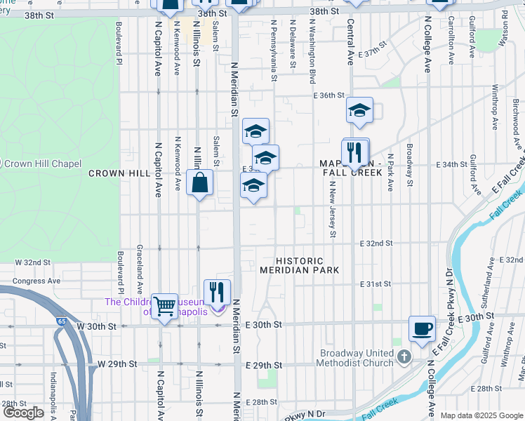 map of restaurants, bars, coffee shops, grocery stores, and more near 39633 East 33rd Street in Indianapolis