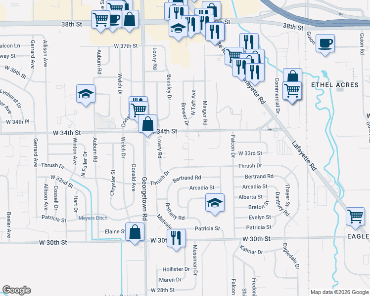 map of restaurants, bars, coffee shops, grocery stores, and more near 3320 Brewer Drive in Indianapolis