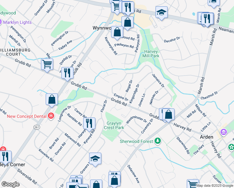 map of restaurants, bars, coffee shops, grocery stores, and more near 2311 Empire Drive in Wilmington
