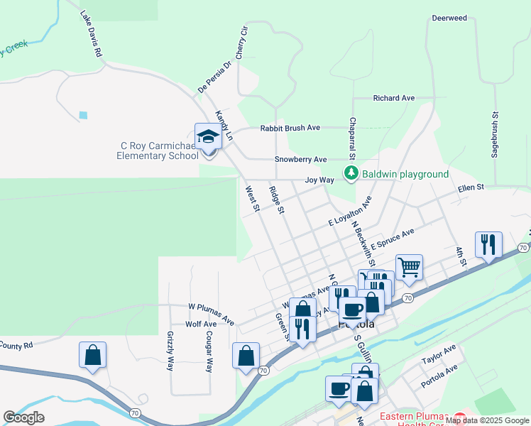 map of restaurants, bars, coffee shops, grocery stores, and more near 181 W Mohawk Ave in Portola