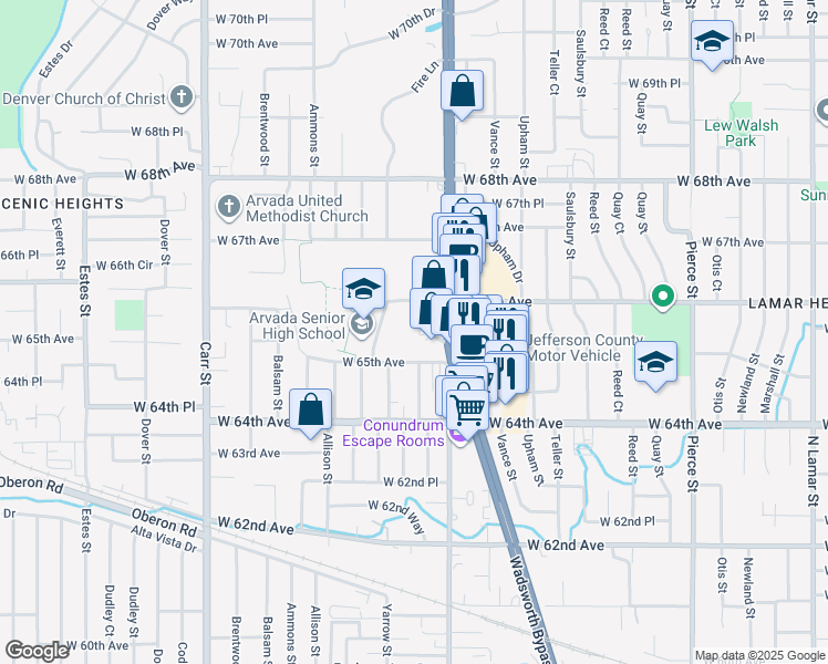 map of restaurants, bars, coffee shops, grocery stores, and more near 6595 Wadsworth Boulevard in Arvada