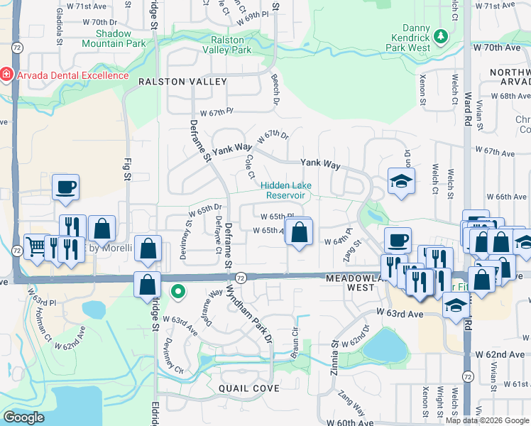 map of restaurants, bars, coffee shops, grocery stores, and more near 13474 West 65th Drive in Arvada