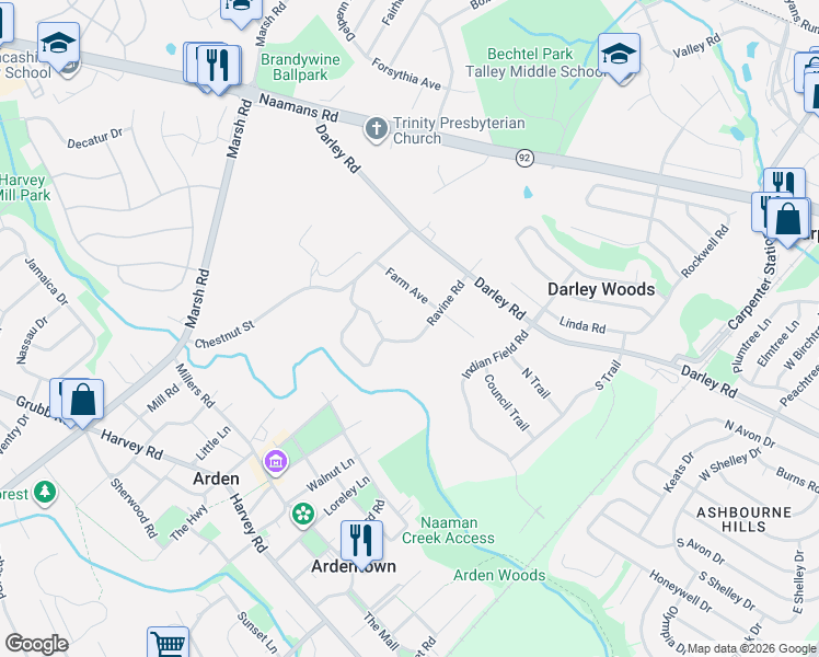 map of restaurants, bars, coffee shops, grocery stores, and more near 21 Ravine Road in Wilmington