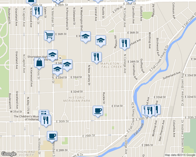 map of restaurants, bars, coffee shops, grocery stores, and more near 3301 Central Avenue in Indianapolis