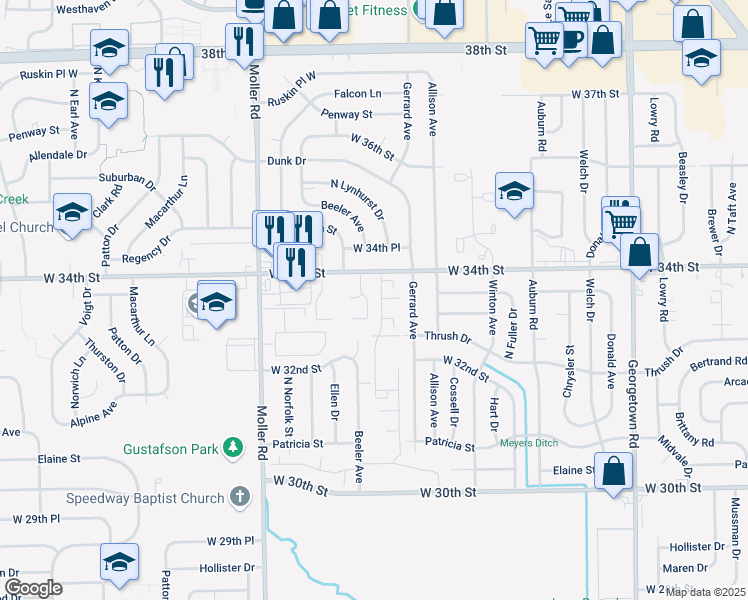 map of restaurants, bars, coffee shops, grocery stores, and more near 3379 Tara Lane in Indianapolis