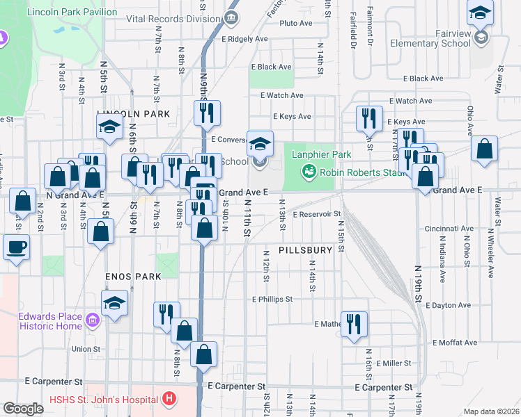 map of restaurants, bars, coffee shops, grocery stores, and more near 1108 North Grand Avenue East in Springfield
