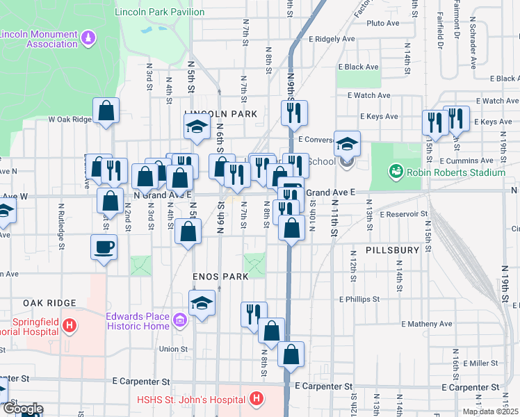map of restaurants, bars, coffee shops, grocery stores, and more near 1104-1198 N 8th St in Springfield
