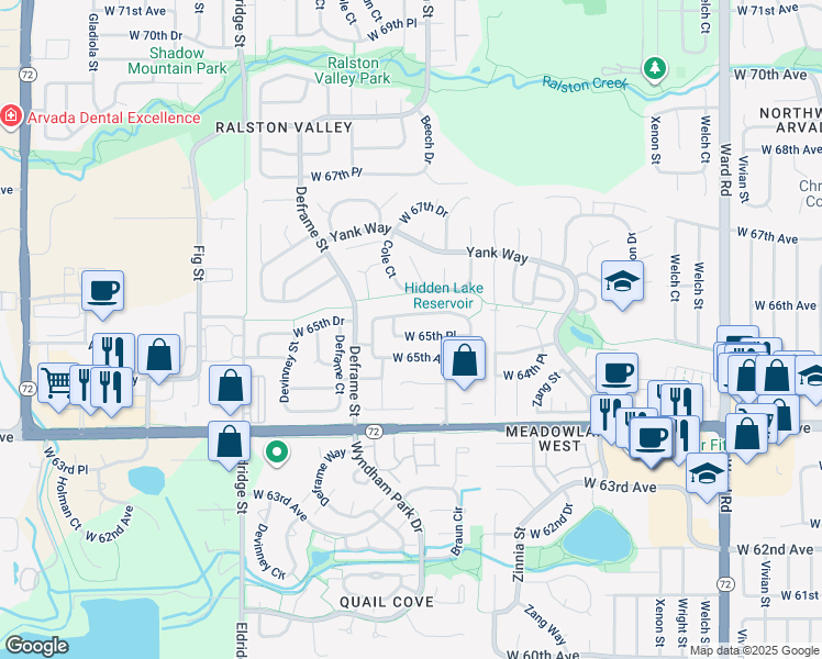 map of restaurants, bars, coffee shops, grocery stores, and more near 13474 West 65th Drive in Arvada