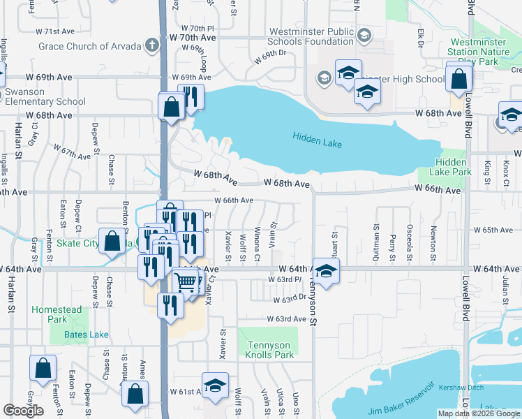 map of restaurants, bars, coffee shops, grocery stores, and more near 4830 West 66th Avenue in Arvada