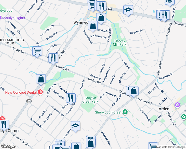 map of restaurants, bars, coffee shops, grocery stores, and more near 2311 Empire Drive in Wilmington