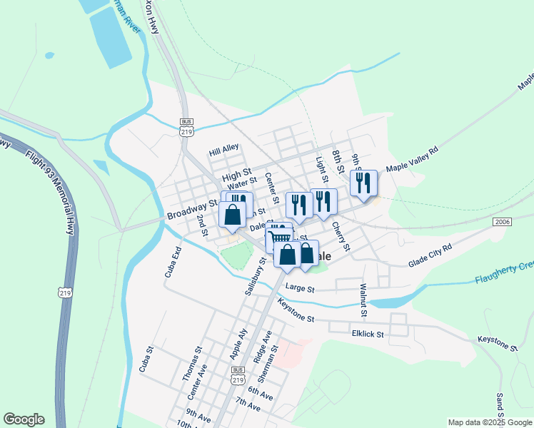 map of restaurants, bars, coffee shops, grocery stores, and more near 236 North Street in Meyersdale