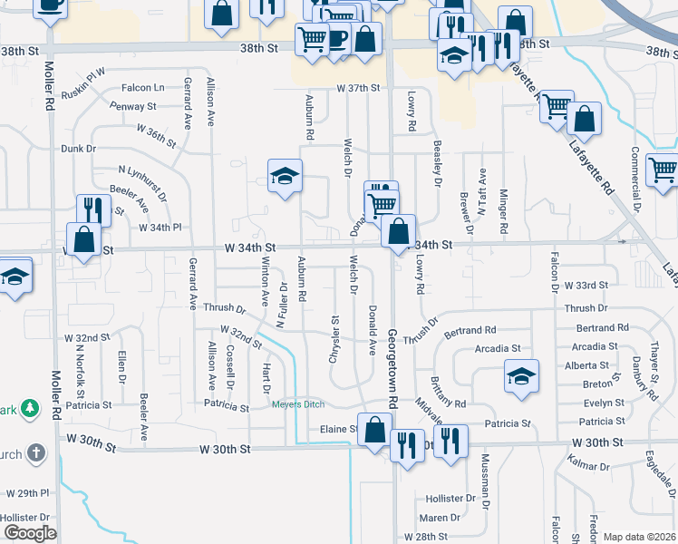 map of restaurants, bars, coffee shops, grocery stores, and more near 4918 West Deborah Street in Indianapolis